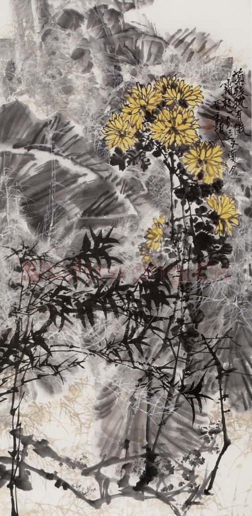 1982年 王晋元《菊残犹有傲霜枝》书画作品