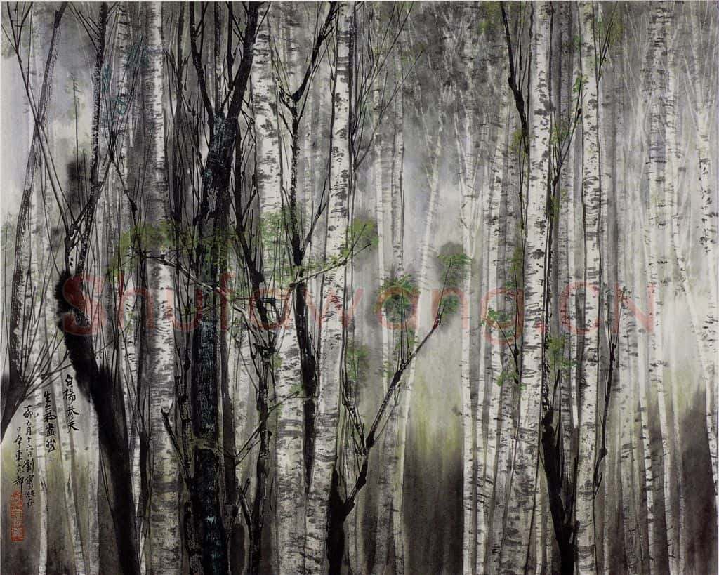 1987年 刘宝纯《白杨丛林》书画作品