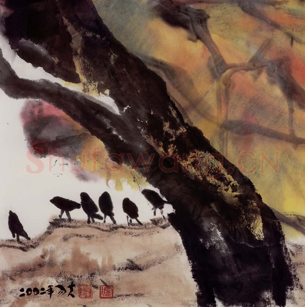 2002年 隋易夫《霜叶秋声》书画作品