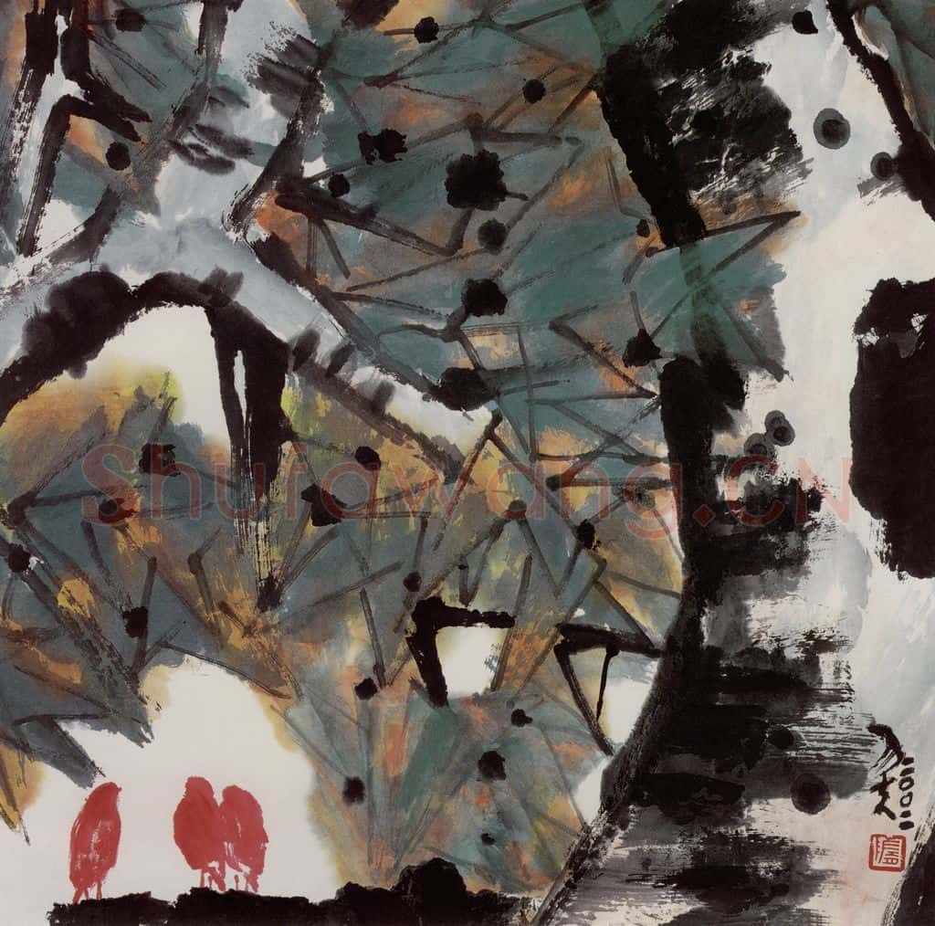 2002年 隋易夫《青桐红鸟》书画作品