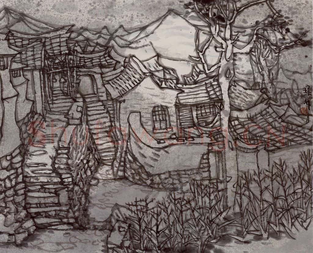 1986年 李宝林《燕山村居》书画作品