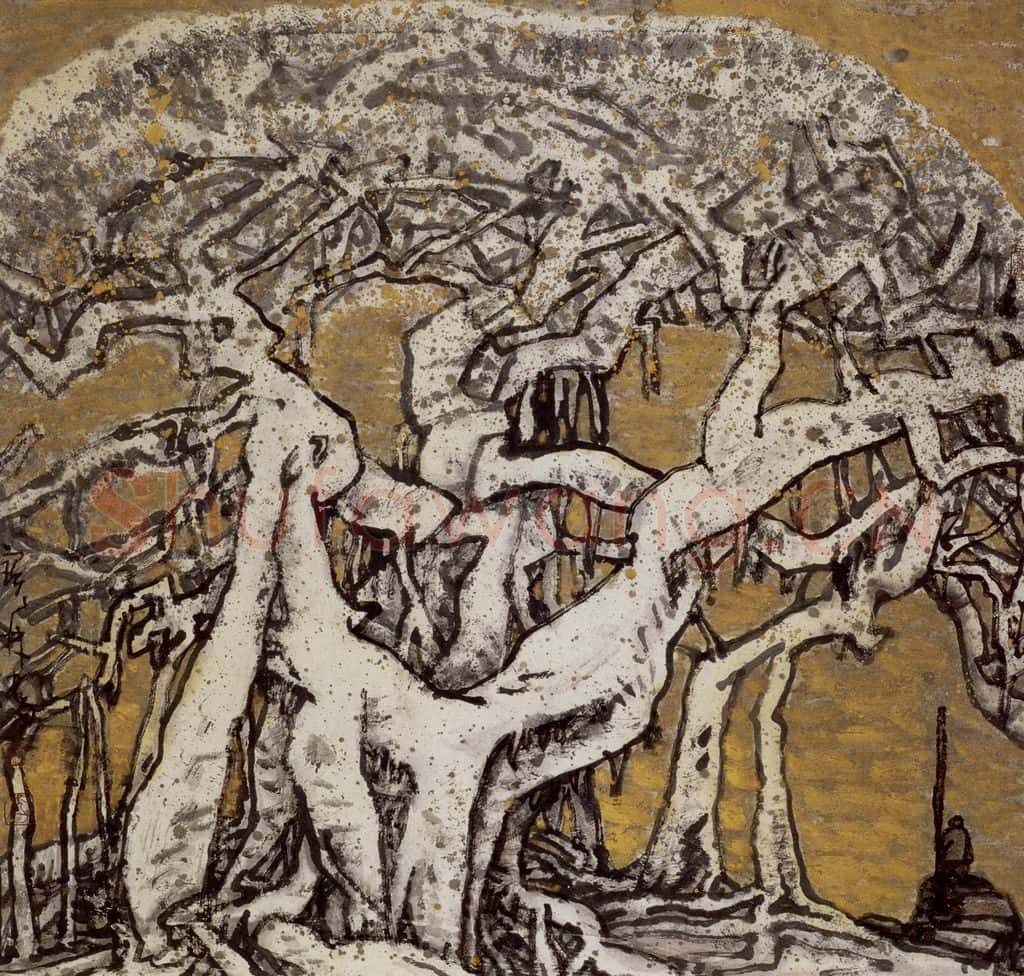 1989年 李宝林《古榕小渡》书画作品
