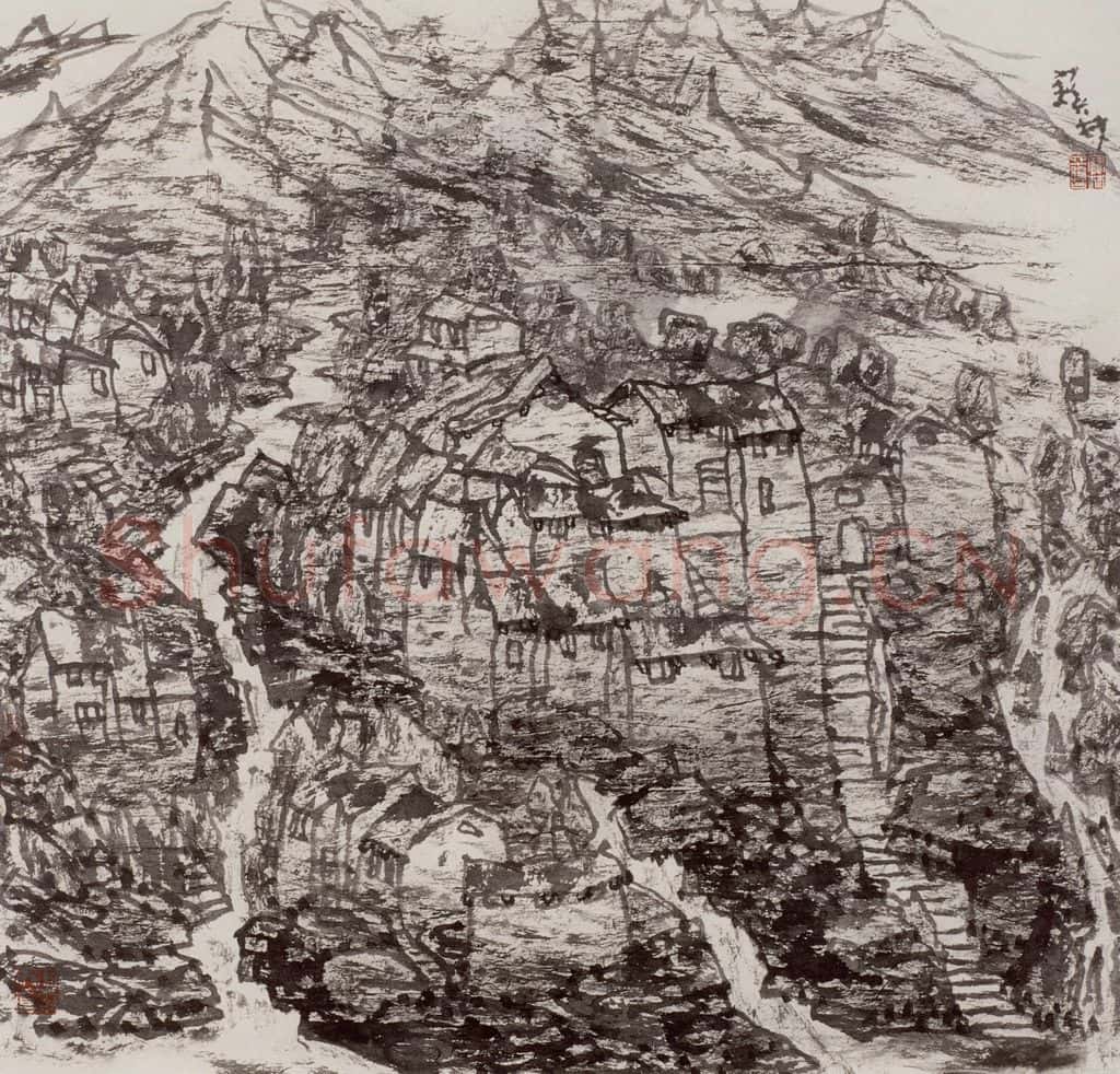 1999年 李宝林《燕山石村》书画作品