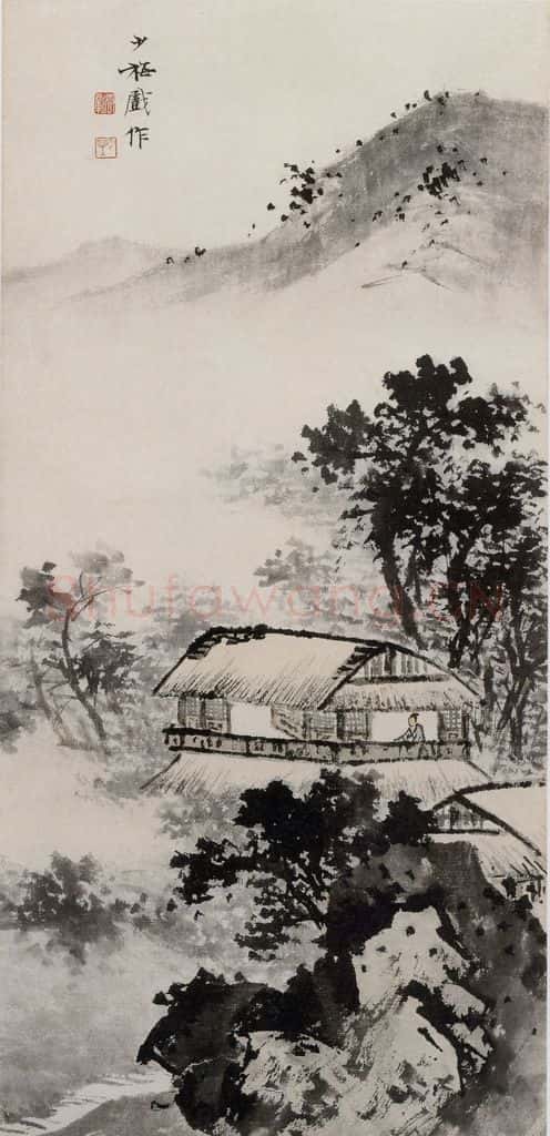 近现代 陈少梅《山窗读易》书画作品