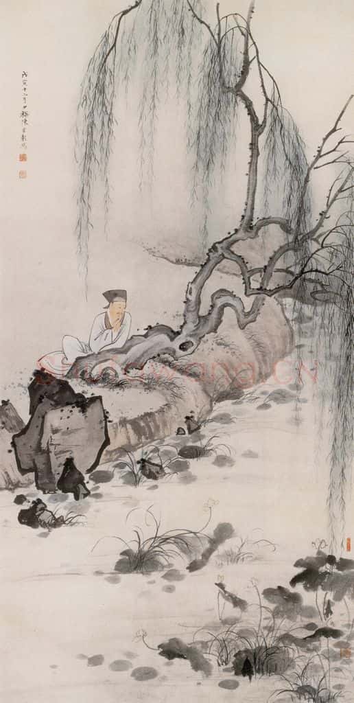 近现代 陈少梅《倚柳赏荷》书画作品