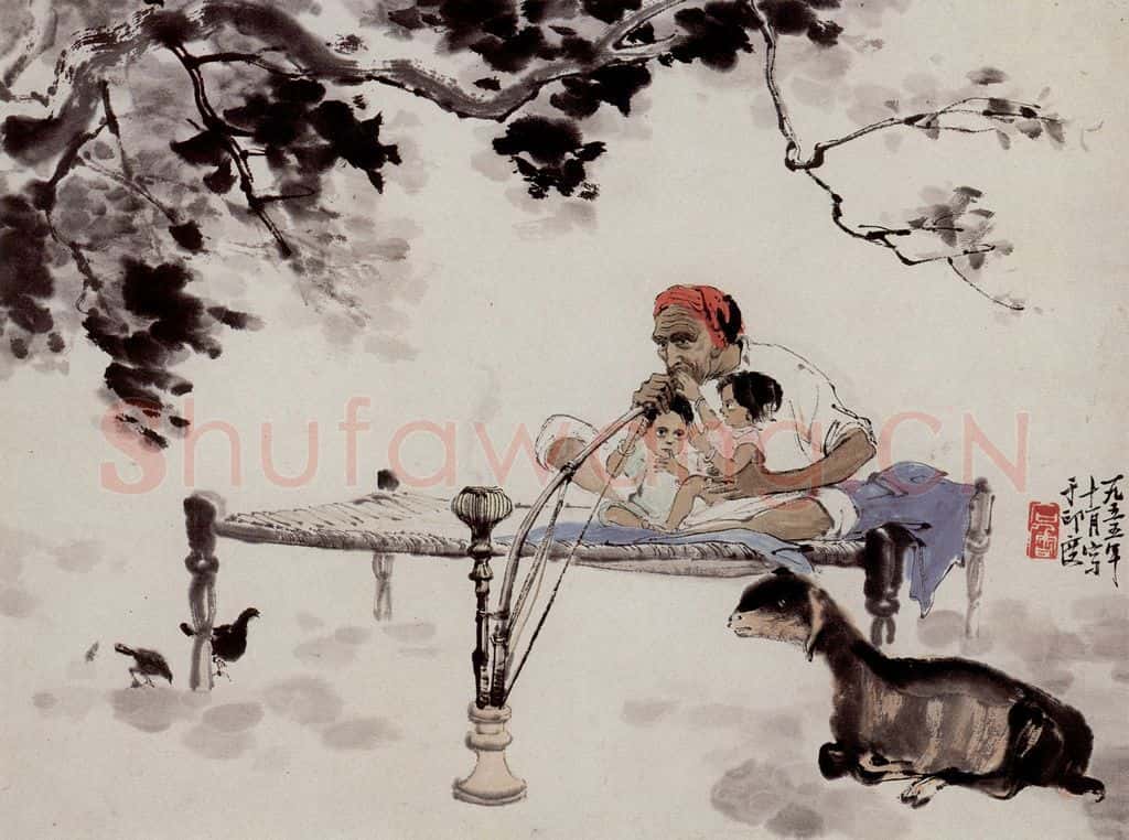 1955年 石鲁《印度人家》书画作品