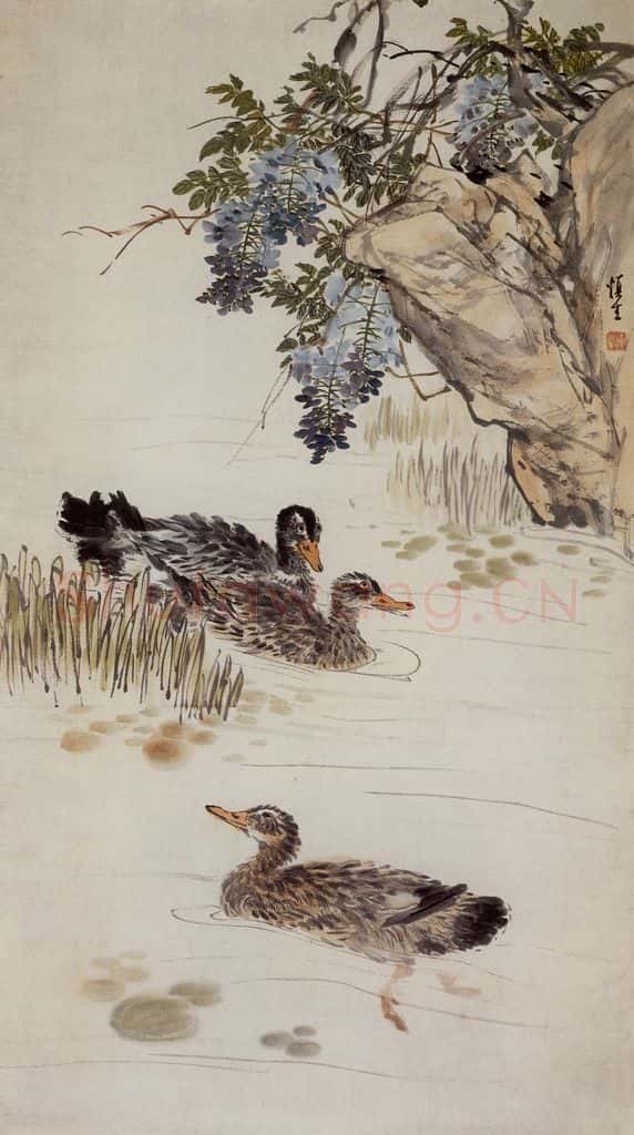 60年代 汪慎生 紫藤鸭子 书画作品