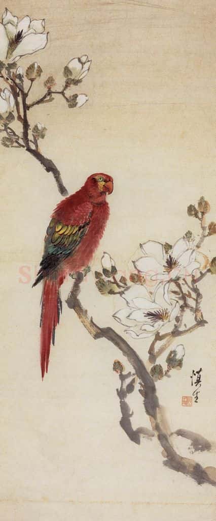 1956年 汪慎生《玉兰鹦鹉》书画作品