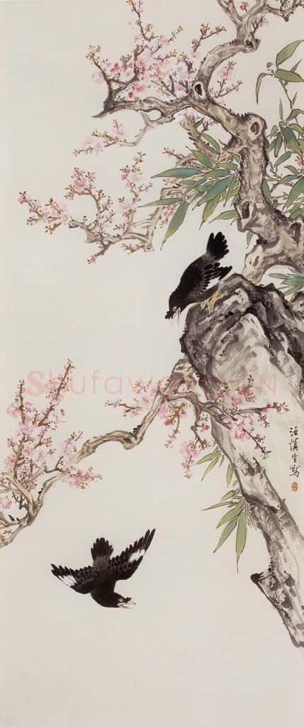 50年代 汪慎生《桃花八哥》书画作品