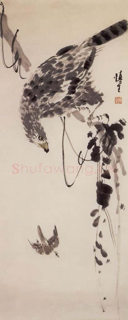 50年代 汪慎生 鹰雀 书画作品