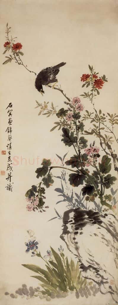 50年代 汪慎生 银葵八哥 书画作品
