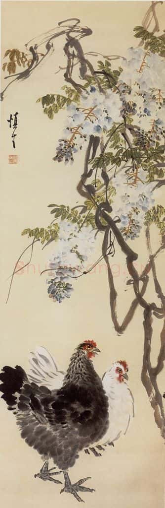 50年代 汪慎生 紫藤双鸡 书画作品