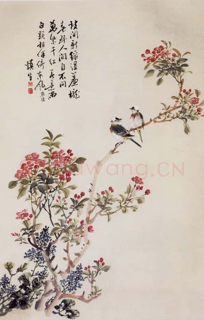 50年代 汪慎生 海棠花白头翁 书画作品