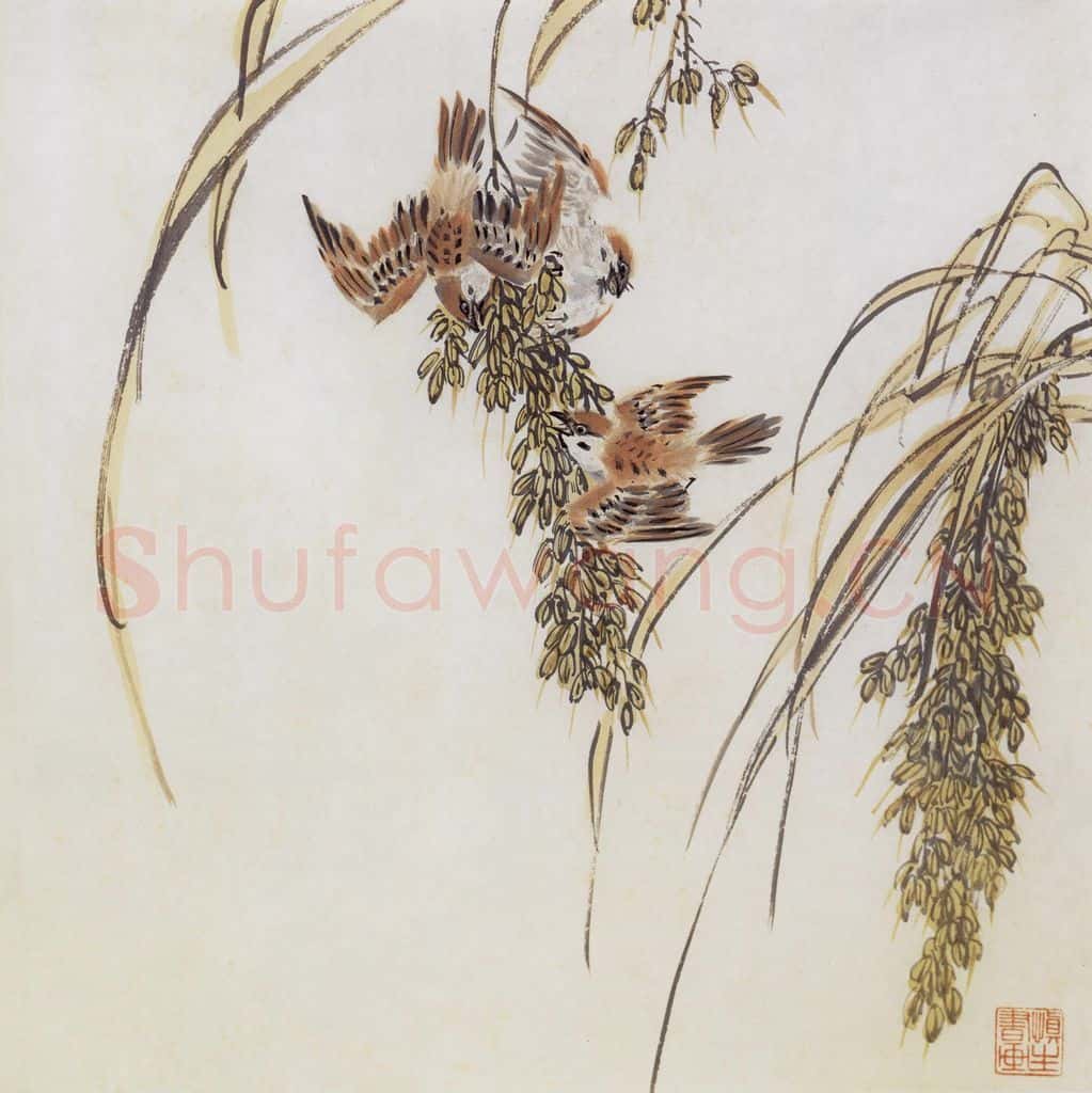 50年代 汪慎生 稻谷麻雀 书画作品