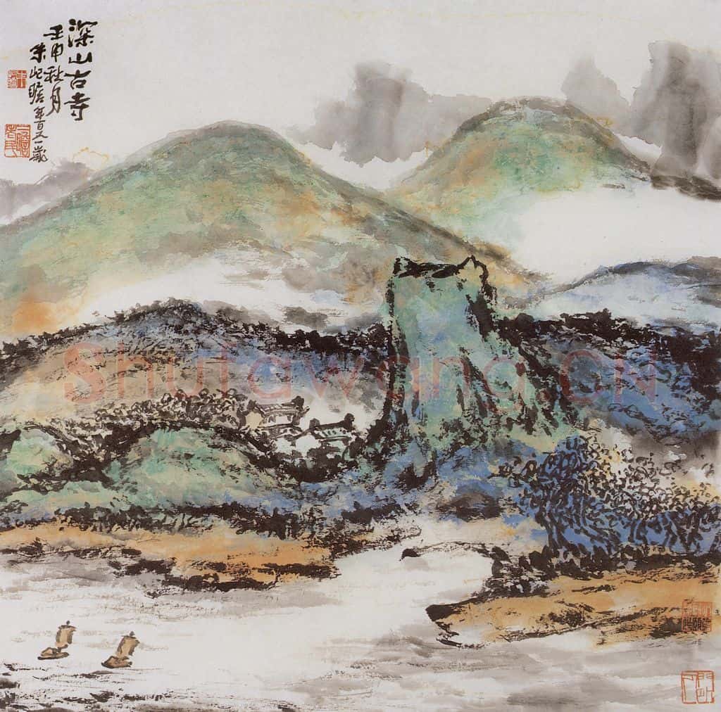 1992年 朱屺瞻《深山古寺》书画作品