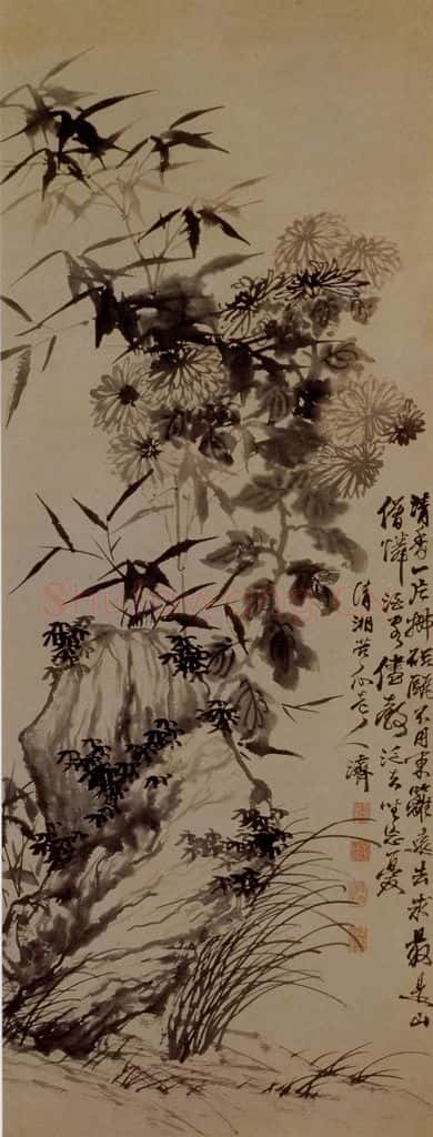 明末清初 石涛 菊竹石图 书画作品