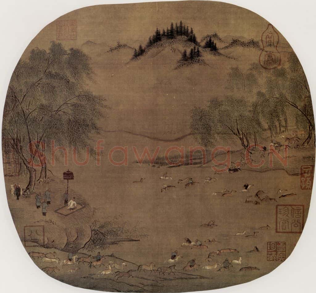 南宋 陈居中《柳塘牧马图》书画作品