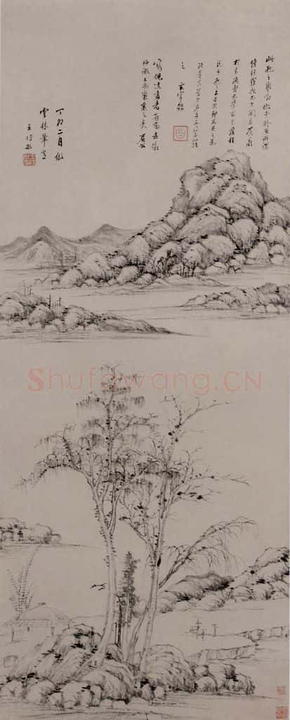 明 王时敏《仿倪瓒山水图轴》书画作品