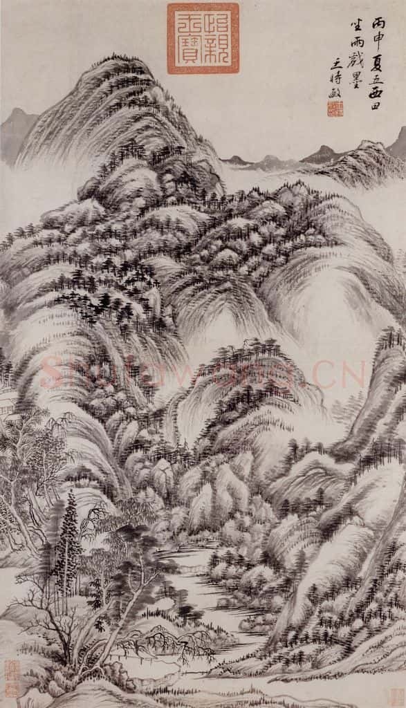 明 王时敏《陡壑密林图轴》书画作品