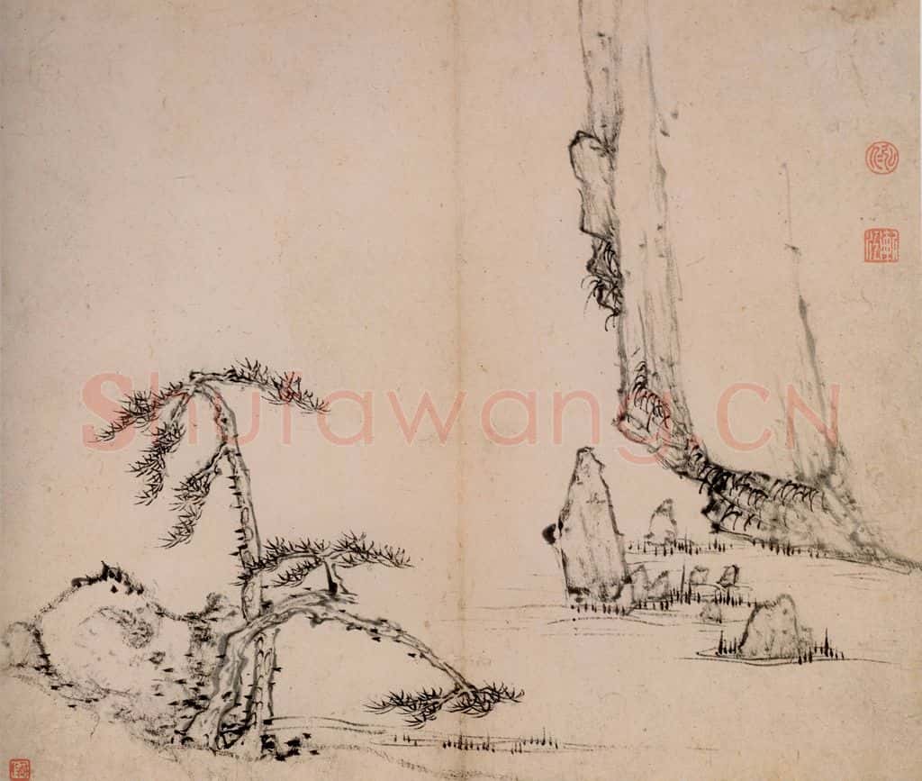 清 弘仁《临水双松图页》书画作品