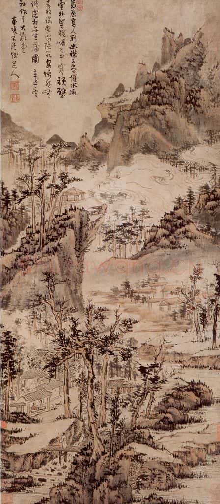 清 髠残《茅屋白云图轴》书画作品
