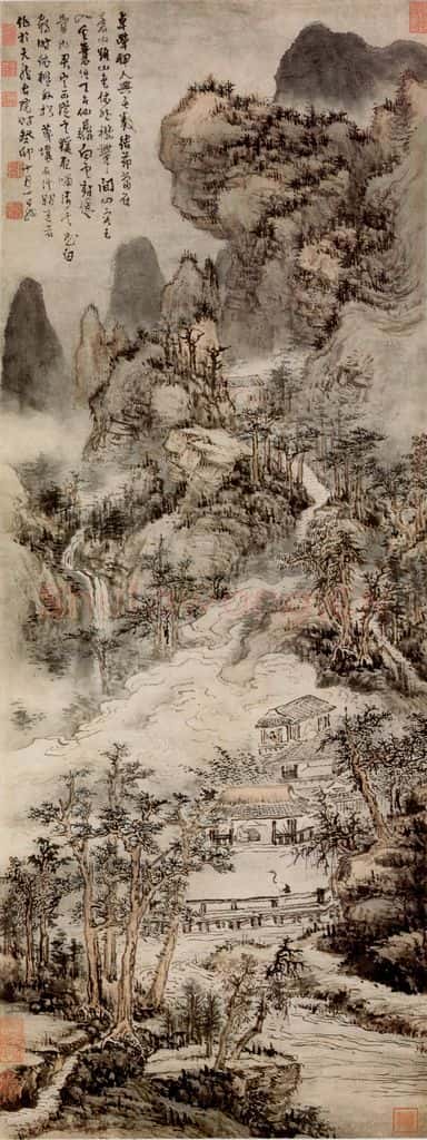 清 髠残《苍山结茅图轴》书画作品