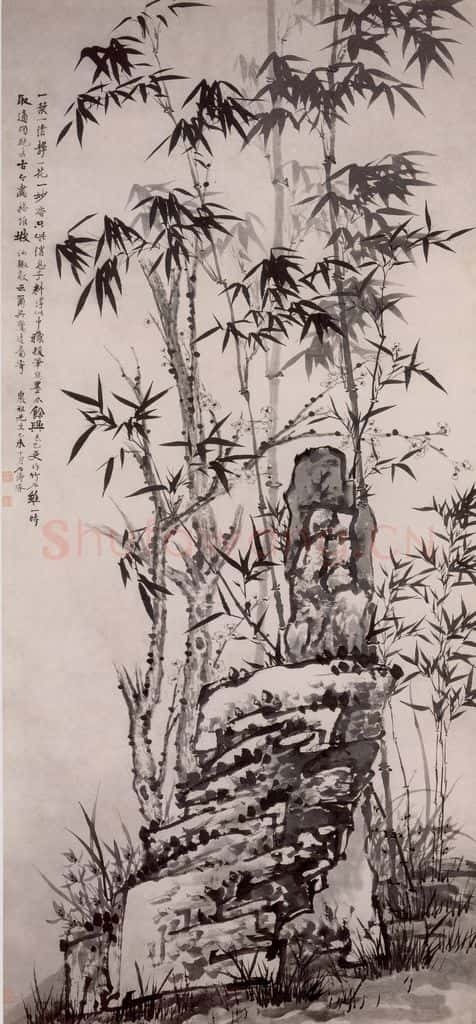 清 石涛《竹石梅花图轴》书画作品