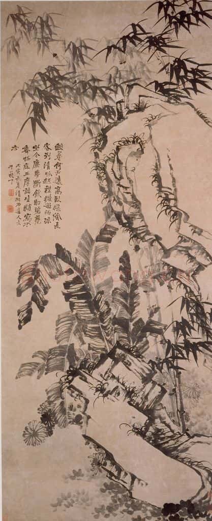 清 石涛《蕉菊竹石图轴》书画作品
