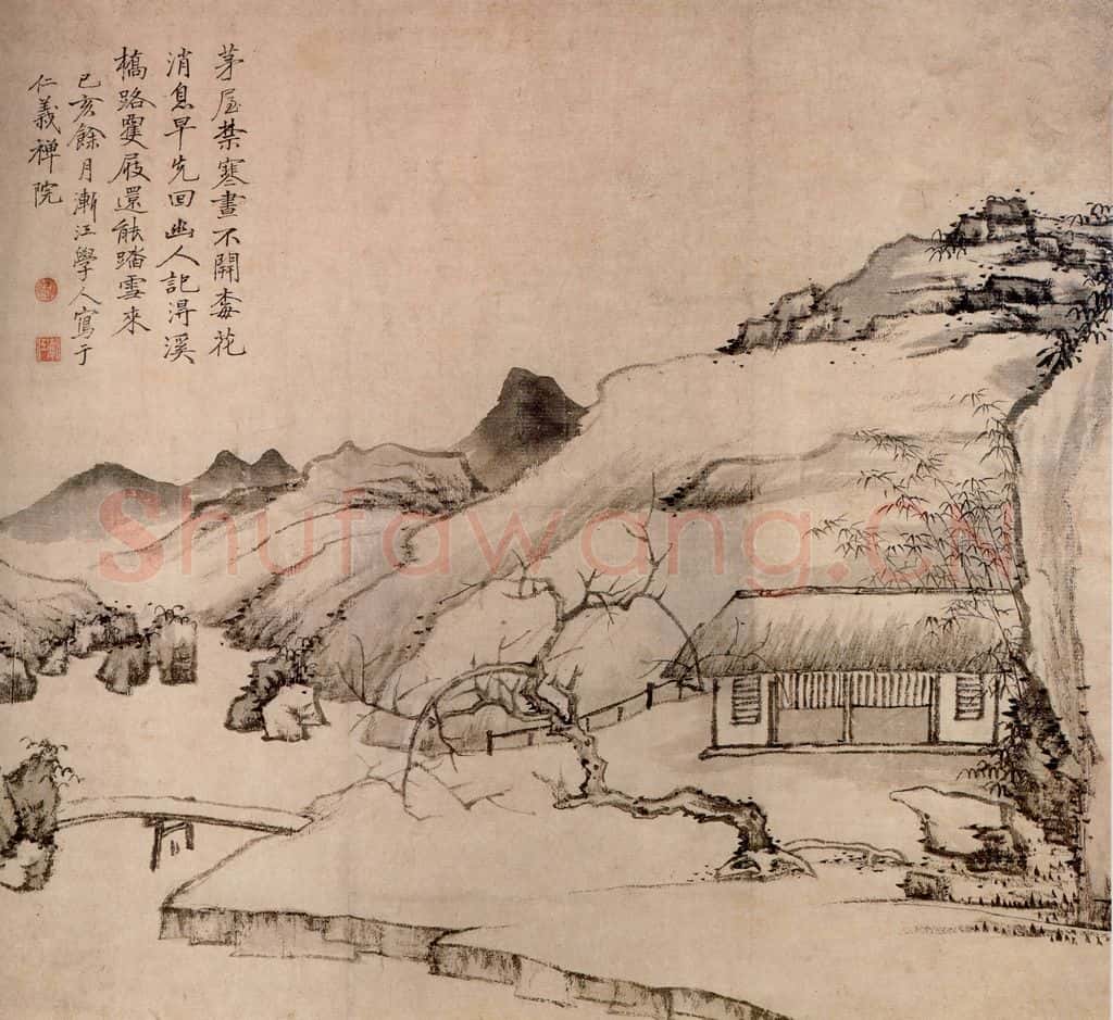 清 弘仁《梅花茅屋图轴》书画作品