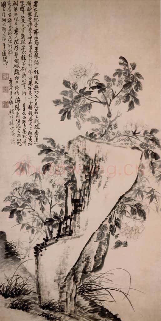 清 石涛《牡丹竹石图轴》书画作品