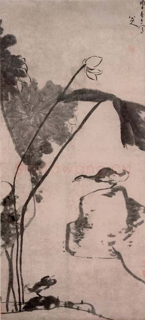 清 朱耷《荷鸭图轴》书画作品