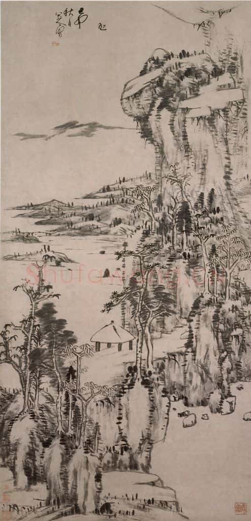 清 朱耷《秋林亭子图轴》书画作品