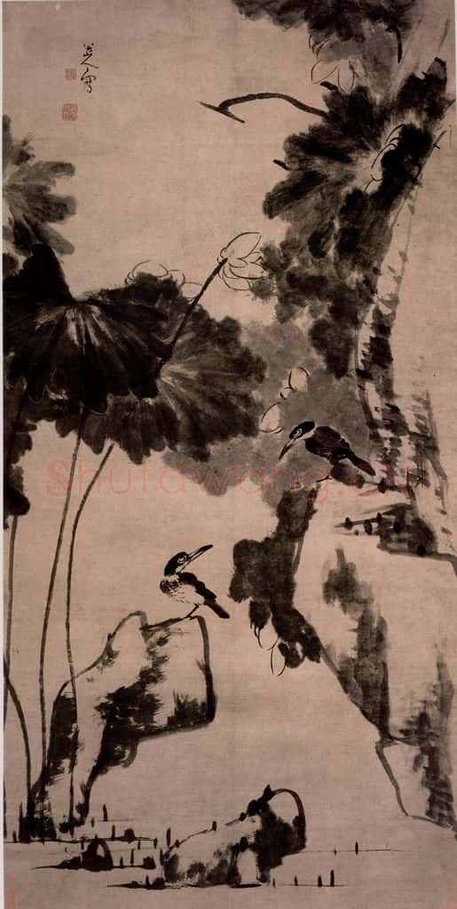 清 朱耷《荷花双鸟图轴》书画作品