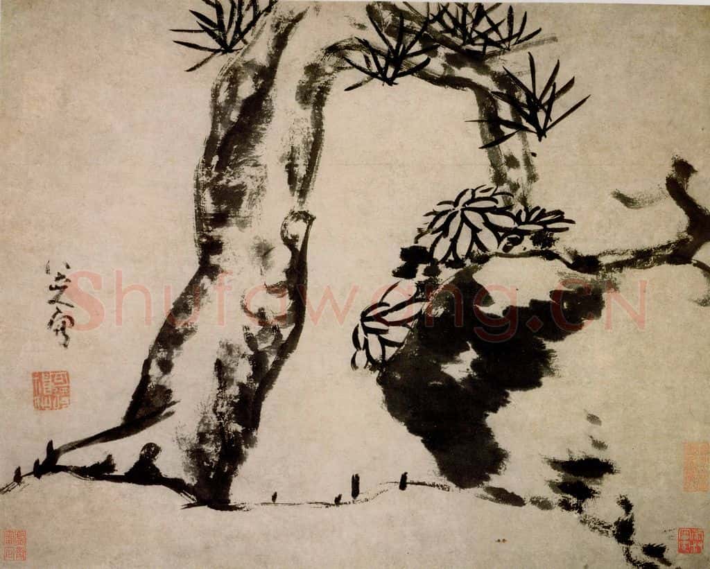 清 朱耷《苍松菊石图页》书画作品