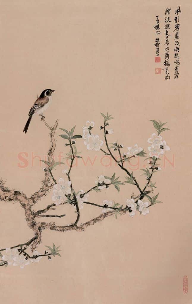 1947年 谢稚柳《桃花鸣禽图》书画作品