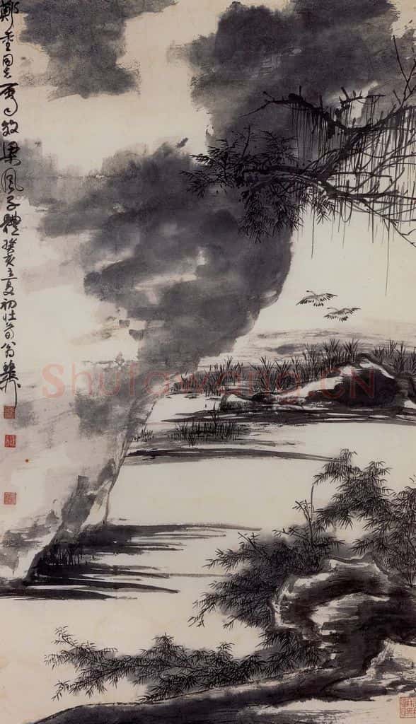 1983年 谢稚柳 仿梁楷山水图 书画作品