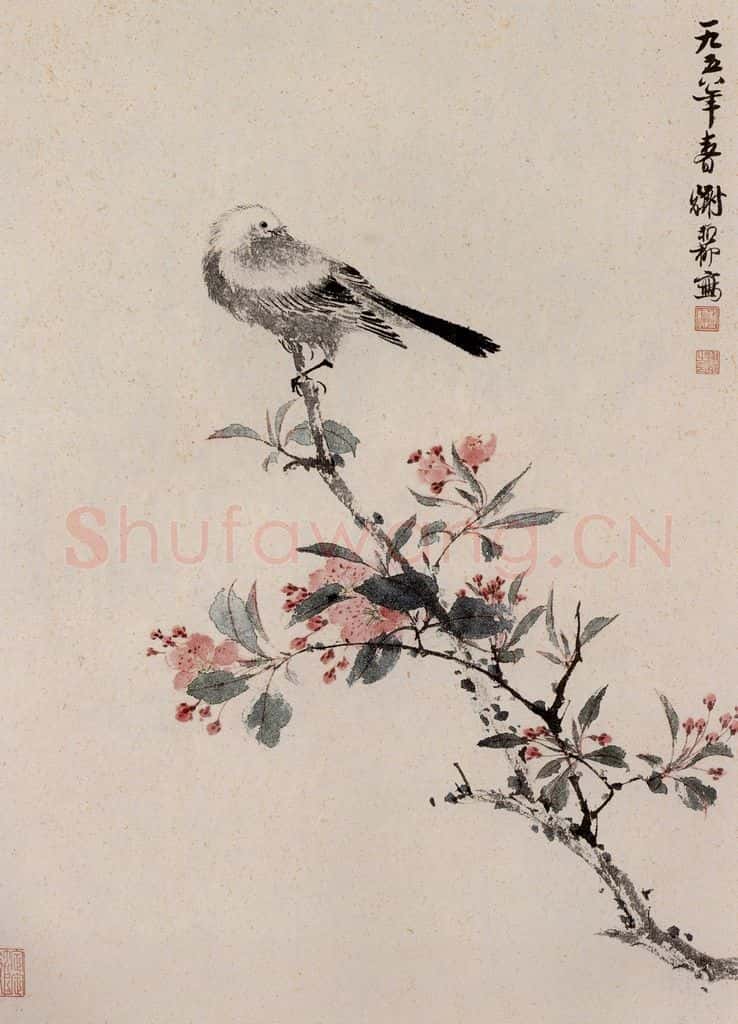 1958年 谢稚柳《海棠春鸟图》书画作品