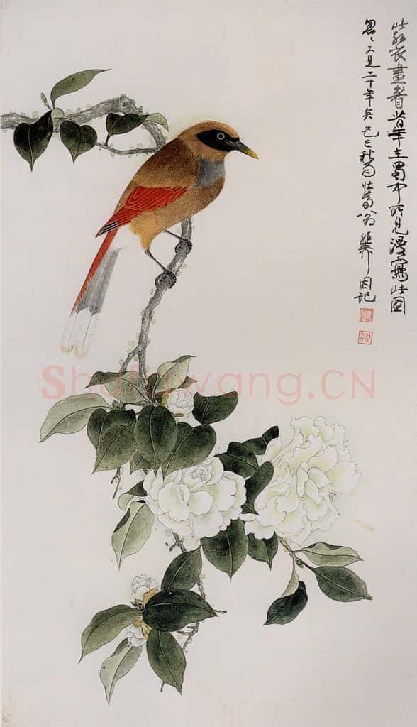 1959年 谢稚柳《红衣画眉图》书画作品