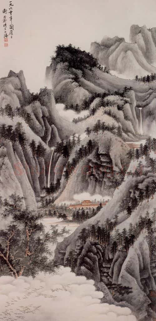 1960年 谢稚柳 青绿山水图 书画作品