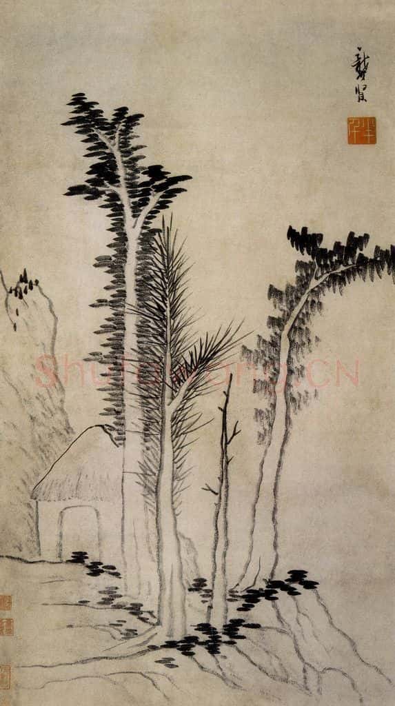 清 龚贤 疏林茅屋图轴 书画作品