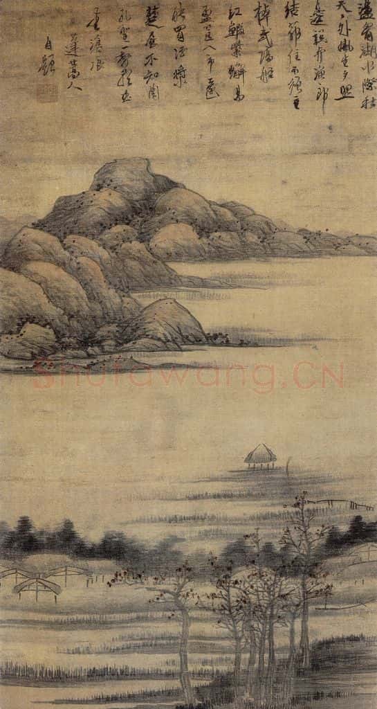 清 龚贤《秋江渔舍图轴》书画作品