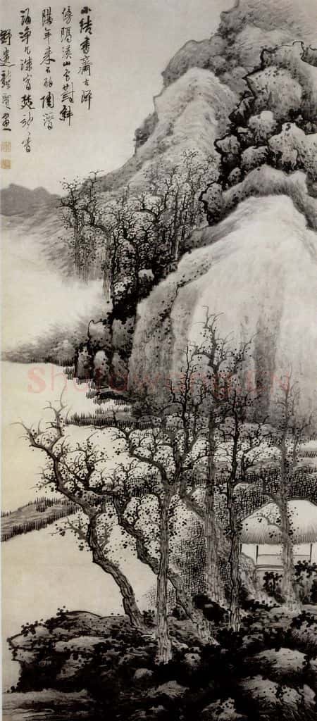 清 龚贤《隔溪山水图轴》书画作品