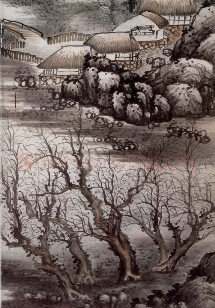 清 龚贤《渔村夕照图轴》书画作品