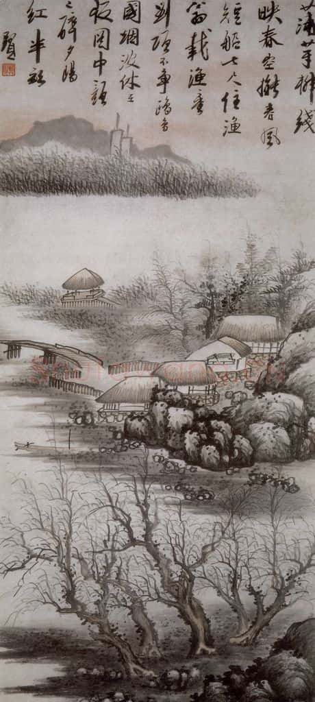 清 龚贤《渔村夕照图轴》书画作品