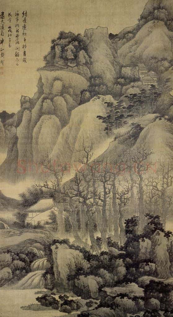 清 龚贤《涧屋听泉图轴》书画作品