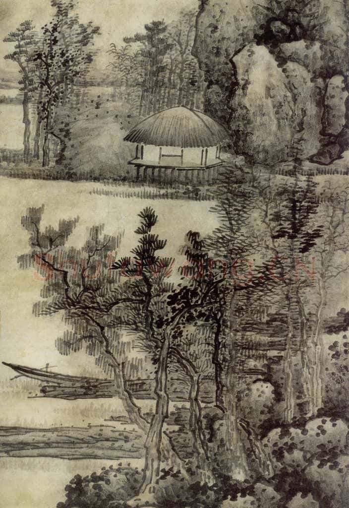 清 龚贤《溪山草阁图轴》书画作品