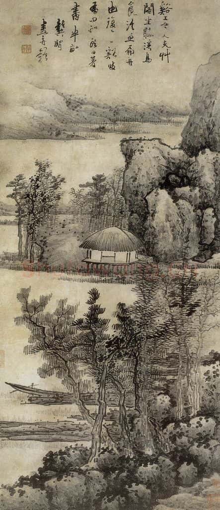 清 龚贤《溪山草阁图轴》书画作品