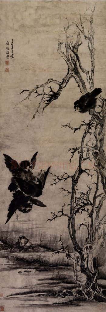 清 张穆《枯木鸲鹆图抽》书画作品