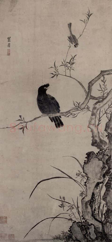 清 张穆《籣石八哥图轴》书画作品