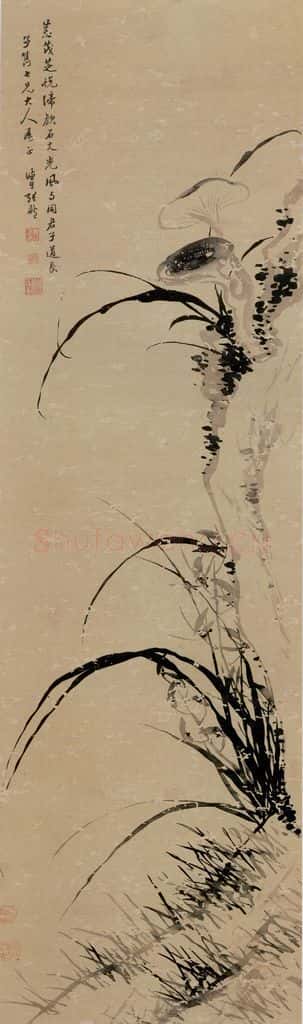 清 张敬修《籣石灵芝图轴》书画作品